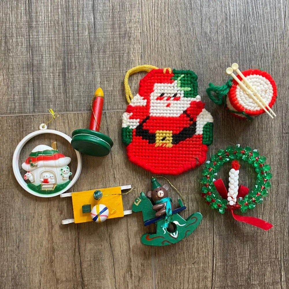 Vintage Christmas Ornament Lot 7pc Needlepoint Santa Beaded Wreath Wooden Sled